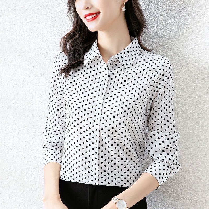 M-5XL Mom's Casual Polka Dot Chiffon Shirt Women's Long Sleeved Top Spring/summer New Korean Version Bottoming Blouse