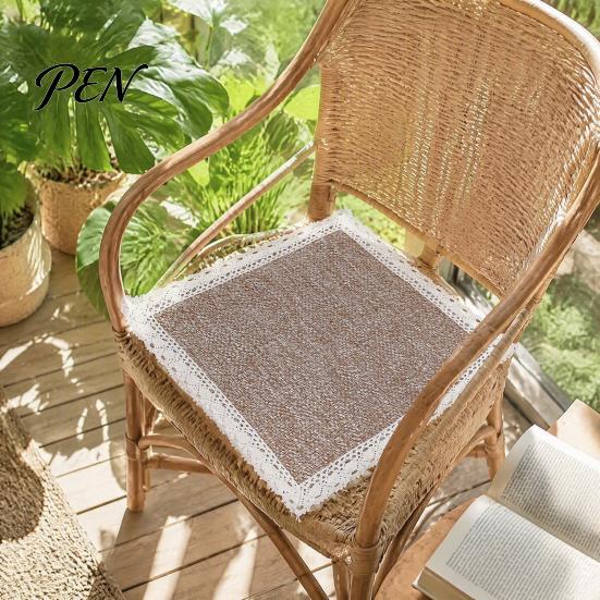 Durable Kitchen Chair Pad Cotton Linen with Ties, Square Summer Seat Lace Rattan Trim, 15.75" X Breathable Washable Mat for Dining Office Protective