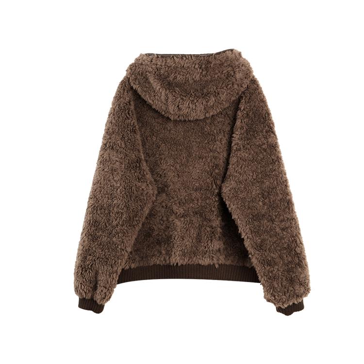 ELLE French Vintage Casual Loose Versatile Hooded Zipper Long Sleeve Faux Lamb Wool Coat Women Outerwear EF52661