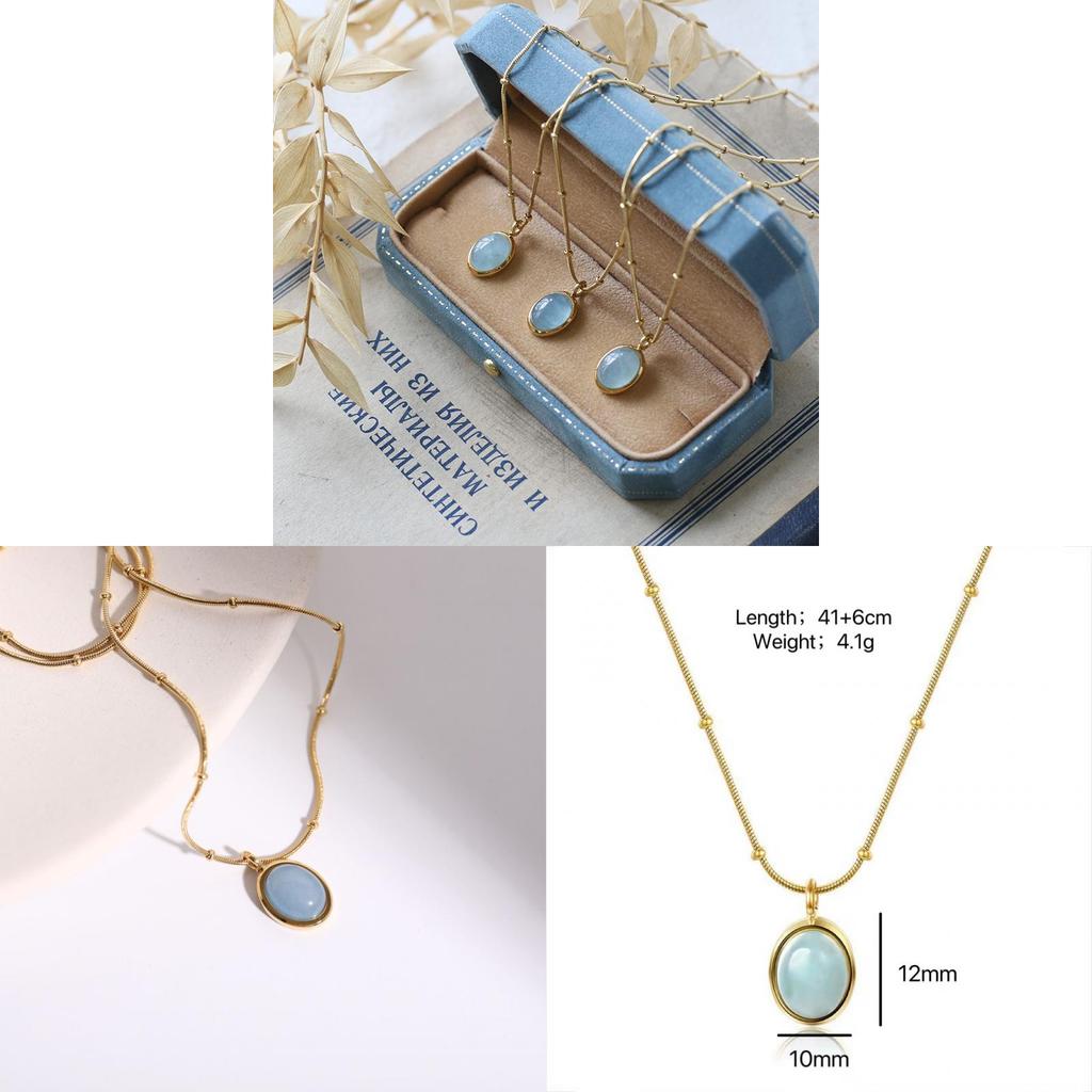 Titanium Steel Starry Ocean Pendant Necklace With Blue Oval Gemstone For Women