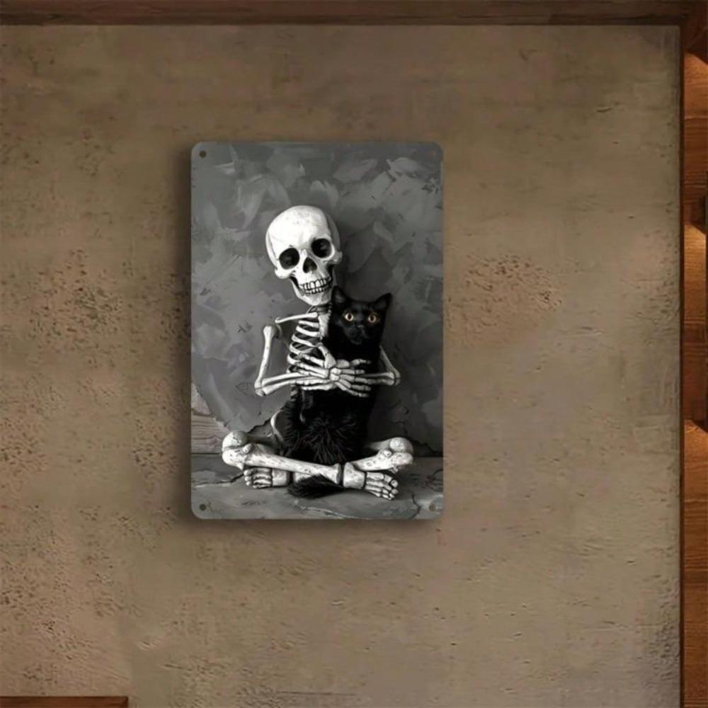 Whimsical Skull Cat Wall Decor Black White 8x12 Inch Tin Sign Easy Install Home Office
