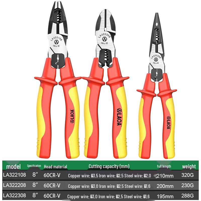 High Voltage Insulated Needle-Nose Electrician Pliers, 1000V, for Cutting, Crimping, Stripping, Angled Use.