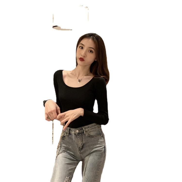 Herbst- und Winterhemden, Herbst- und Winter-Neue Lingerie-Tops zum Ausgehen für Mädchen, lässiges Langarm-T-Shirt mit großem U-Ausschnitt für Damen