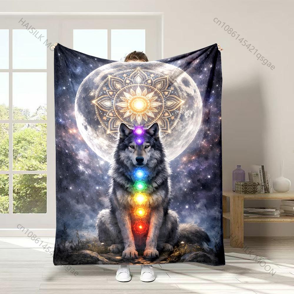 

1PC Wolf Starry Sky Full Moon Chakras Print Adult Children Warm Blankets Home Sofa Travel Camping RV Suitable for All Seasons 75x100cm