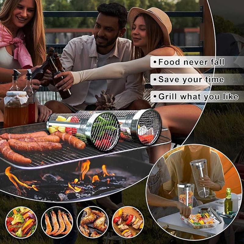 2PCS Rolling Grill Baskets for Outdoor Grilling - Round Grilling Accessories BBQ Large Vegetable Grill Cage Cylinder Stainless S