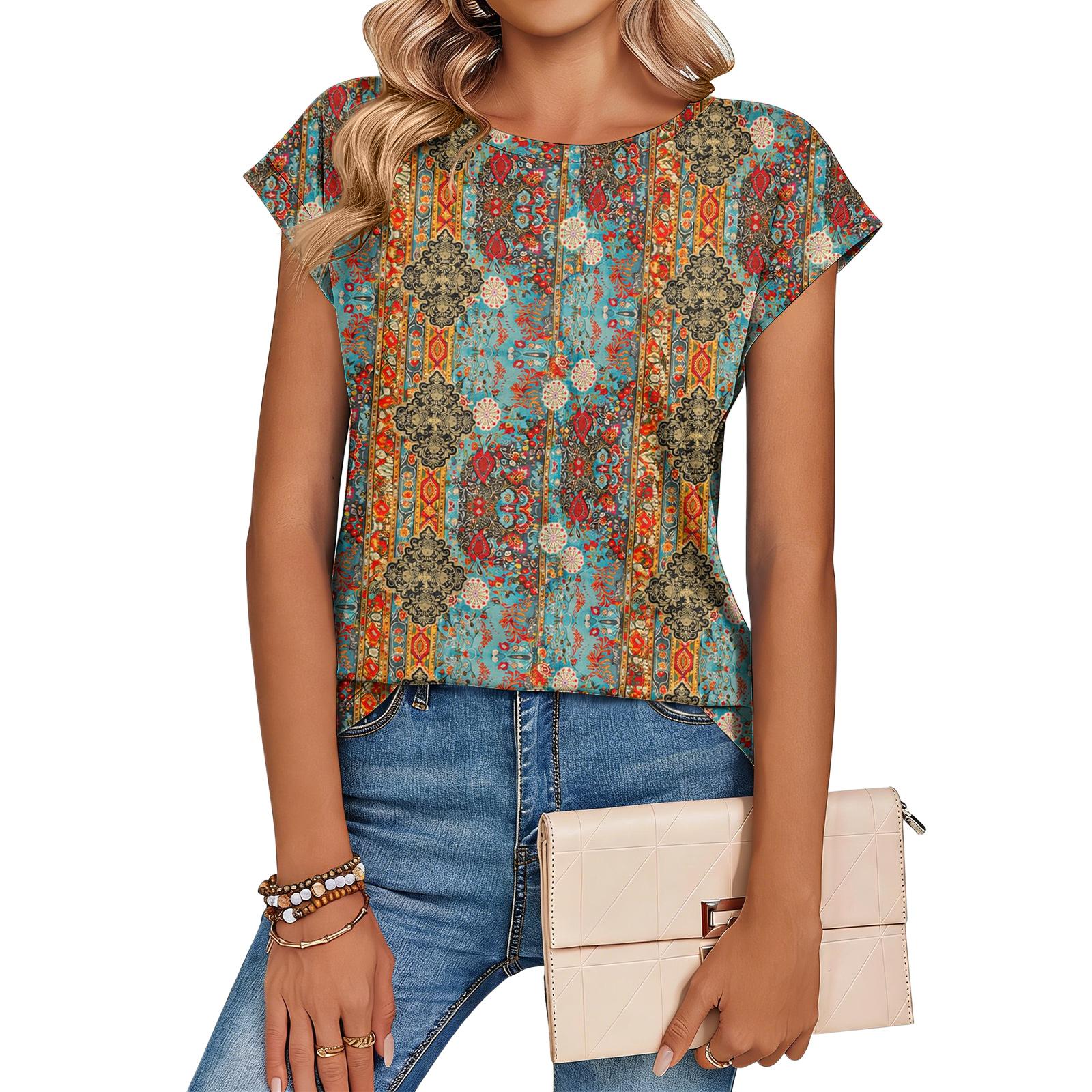 Women s Loose-Fit Fashionable Casual Vintage Print Cap-Sleeve T-Shirt Top XXL