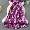 Vintage Elegant V Neck Split Print Short Sleeve Dress Chic Slim A Line Vestidos Summer Vacation Party Women Fashion Dresses