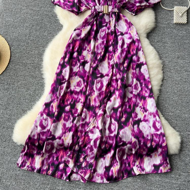 Vintage Elegant V Neck Split Print Short Sleeve Dress Chic Slim A Line Vestidos Summer Vacation Party Women Fashion Dresses