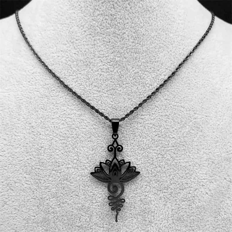 Artistic Lotus Flower Pendant Necklace for Women Men Stainless Steel Black Color Yoga Healing Chakra Necklaces Goth Jewelry