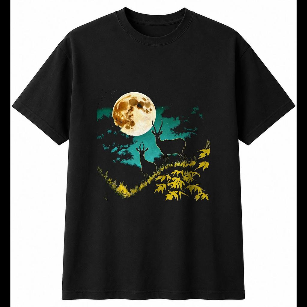 Botanical Gazelle in Moonlight Wildlife Mens T-Shirt Black 100% Cotton Printed