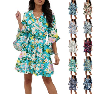 Ladies Summer Casual V-neck Half Sleeve Floral Printed Boutonniere Temperament Casual Dress