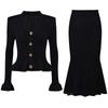 Womens V Neck Button Down Knit Cardigan with Mermaid Hem Skirt Two Piece Set