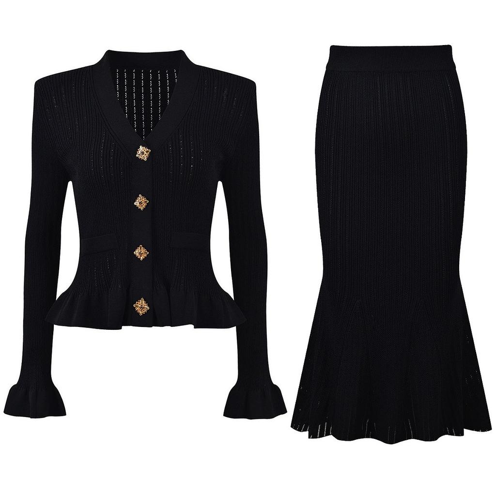 Womens V Neck Button Down Knit Cardigan with Mermaid Hem Skirt Two Piece Set