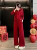 Stylish Red Hooded Zipper Hoodie & Wide-Leg Pants Set for Women, Autumn/Winter, Perfect for Chinese New Year.