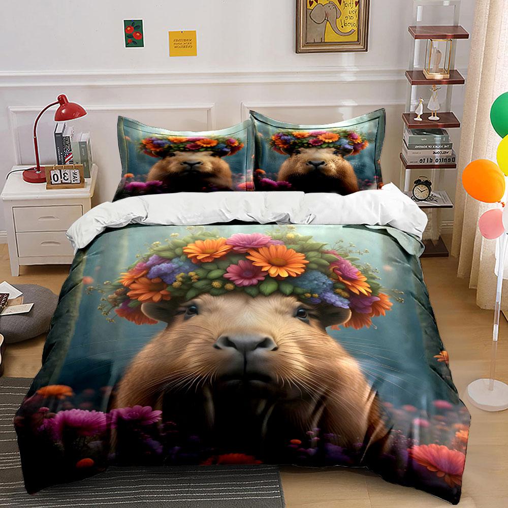 Capybara wearing flower crown. Bedding sets Duvet cover sets Duvet covers Pillowcases(1 * Duvet Cover 2 * Pillowcases without duvet insert) 135x200cm