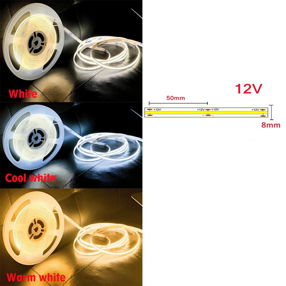 COB-LED-Streifenlicht, 320 480 LEDs/m, 16,4 Fuß, hochdichtes flexibles Bandband, 3000–6500 K, RA90-LED-Leuchten, DC12 V