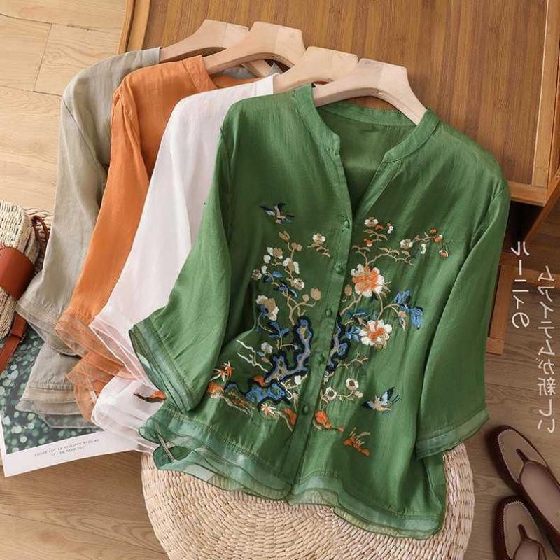 Embroidered Patchwork Cardigan - New Chinese Style Button-Up Shirt