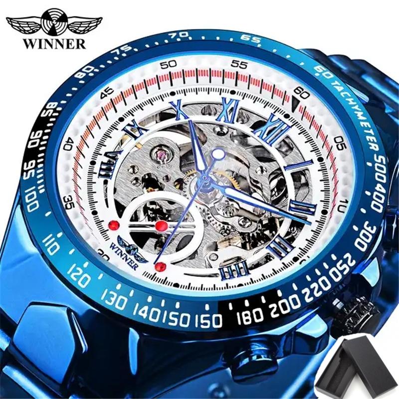 

Forsining Синие мужские автоматические механические часы Скелетон Роскошный дизайн Водонепроницаемые часы с ремешком из нержавеющей стали синий/белый