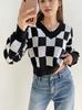 American Style Plaid V-neck Knit Top - Women's Loose Fit Pullover Sweater for Autumn/Winter
