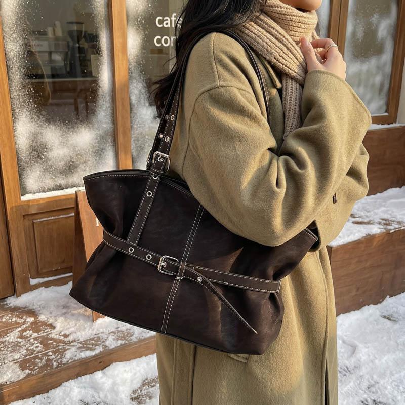 Womens Casual PU Leather Tote Bag Belt Buckle Detail Stitch Accent Large Capacity Minimalist Daily Bag for Commute Travel Everyday Use Durable