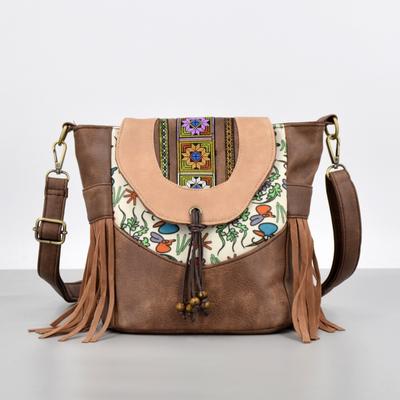 Damentasche Vintage Patchwork Farbe Stickerei Pu Schrägtasche Handy-Tasche Canvas Quastentasche Schrägtasche Kleine Quadratische Tasche