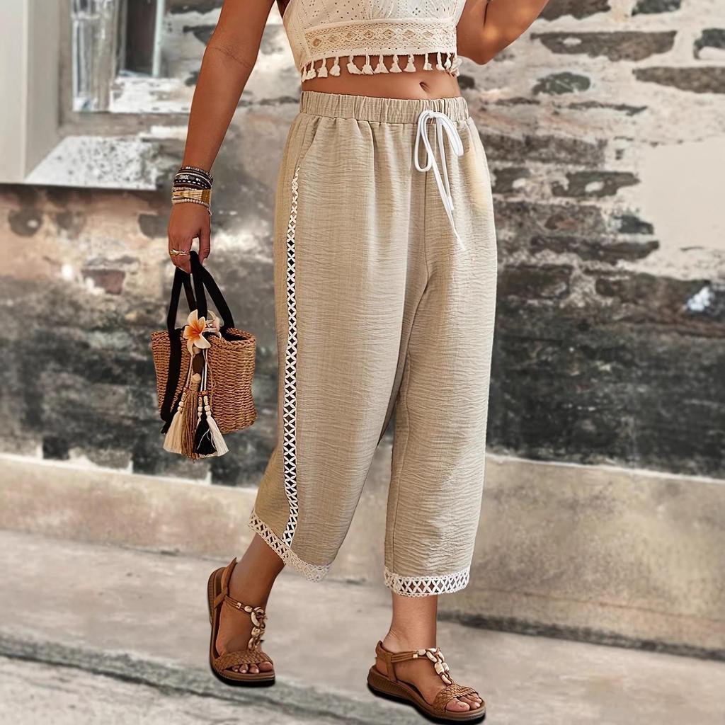 Damskie spodnie casual plus size z koronkowymi wstawkami, elastycznym pasem i kieszeniami, na wiosnę/lato, do kurortów