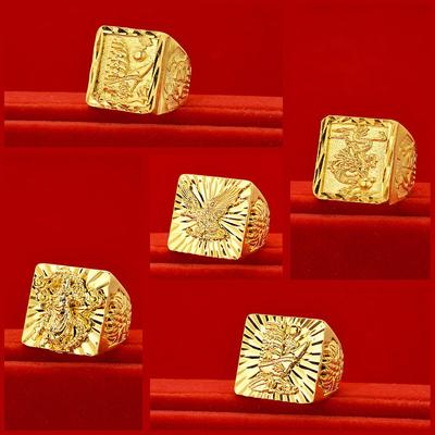 Men's 24K Gold-Plated Dragon and Guanyu Eagle Ring In Vietnamese Sand Gold.