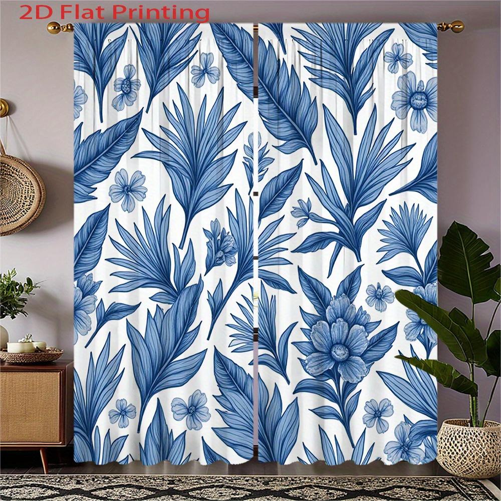 

Flat Printing Curtains Blue Floral Leaf Pattern Curtain Polyester Fabric Material Home Deco Set Of 2 Made With Rod Pocket W100*H70(CM)-Grommet top&2PCS