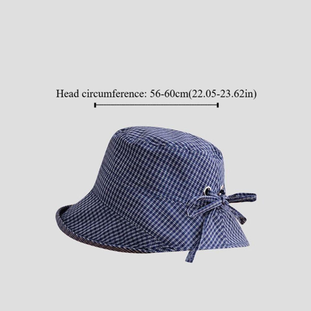 Fashion Summer Plaid Bucket Cap Curled Bow Plaid Sun Hat Foldable Quick-dry Fisherman Caps Outdoor