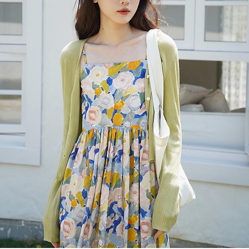 Small Fresh Floral Suspender Skirt Summer Retro Long Dress