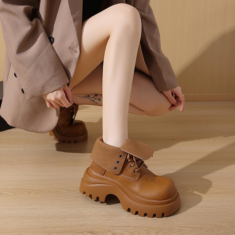 Thick-soled Martin Boots Women's Autumn New Lace-up Lapel Two Wear Martin Boots Short Boots Tooling Boots Rhubarb Boots