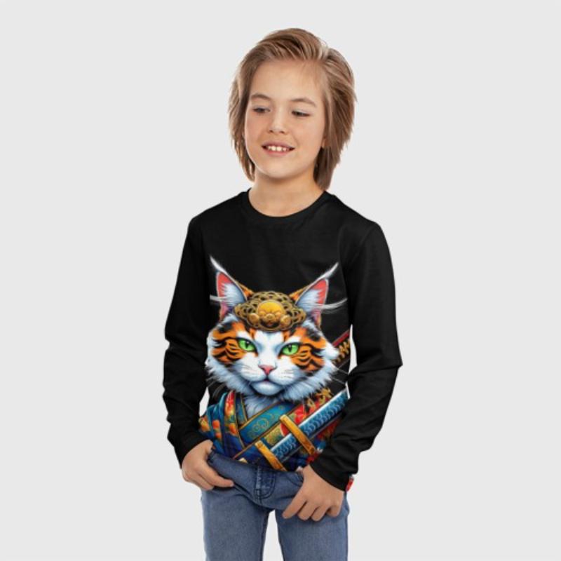Children's Cartoon Lively Kitten Print Multi-color T-shirts Boys Cute Long Sleeved Soft Comfortable Top