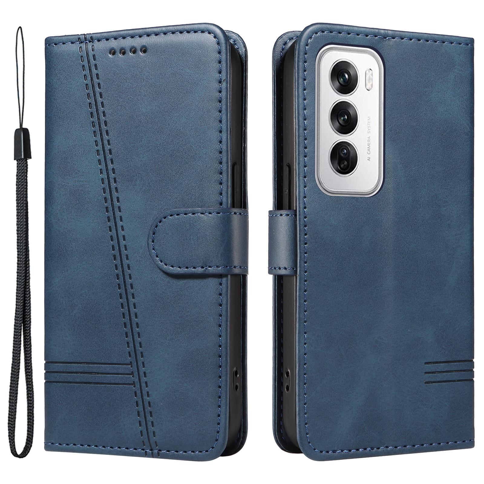 

For Oppo Reno12 5G (Global) Case Lines Imprint Leather Phone Cover Blue