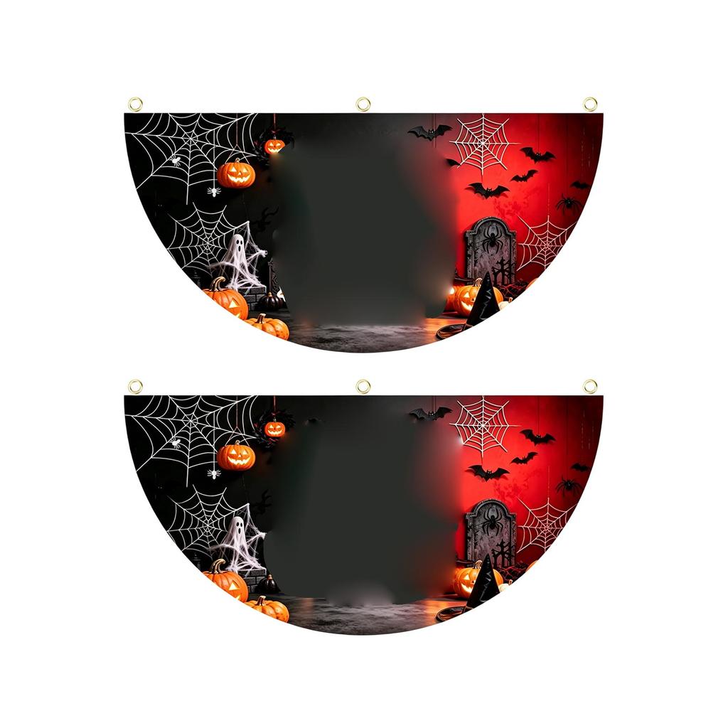 Halloween Half Circle Flags and Pumpkin Fan-Shaped Banners - Pleated Hanging Decorations for Party Background