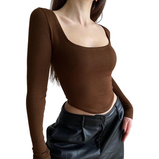 Crop top pentru femei, cu gât pătrat, mâneci lungi, tricou scurt tricotat, culoare pură, pulover elastic, bluză de petrecere în club