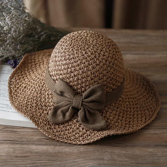 Straw Hat Hand-Knitted Natural Straw Wide Brim UV Protection Foldable Hat Bow Decor Portable Beach Sun Hat