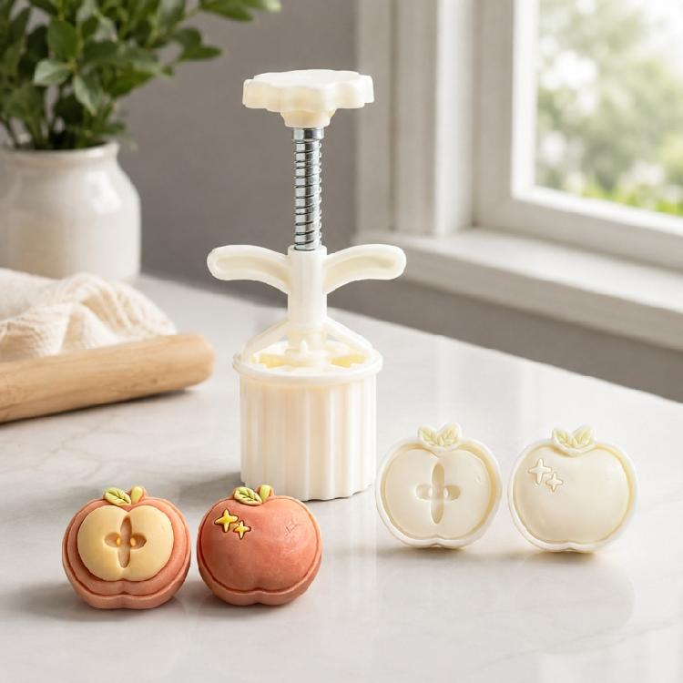 Family Baking Dessert Press with 2 Pattern Plates, 50g Plastic Mooncakes Pastry Tool and Spring Return Control for Decorative Treat Work, Home
