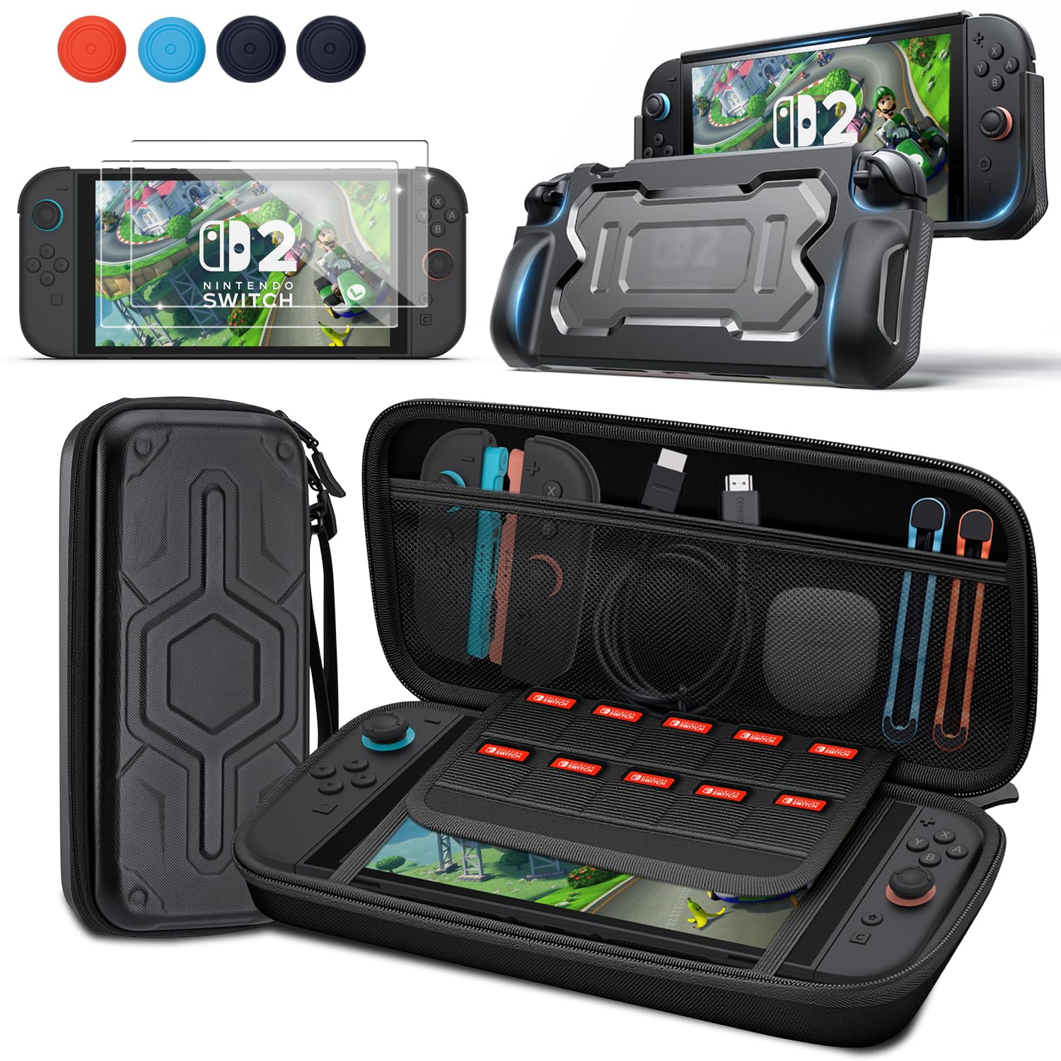 

Защитный чехол для Switch 2 Защитный чехол для Switch 2 2025 дюймовая защитная пленка из закаленного стекла 2 портативных дорожных чехла из твердого материала 7.9 в комплекте, чёрный