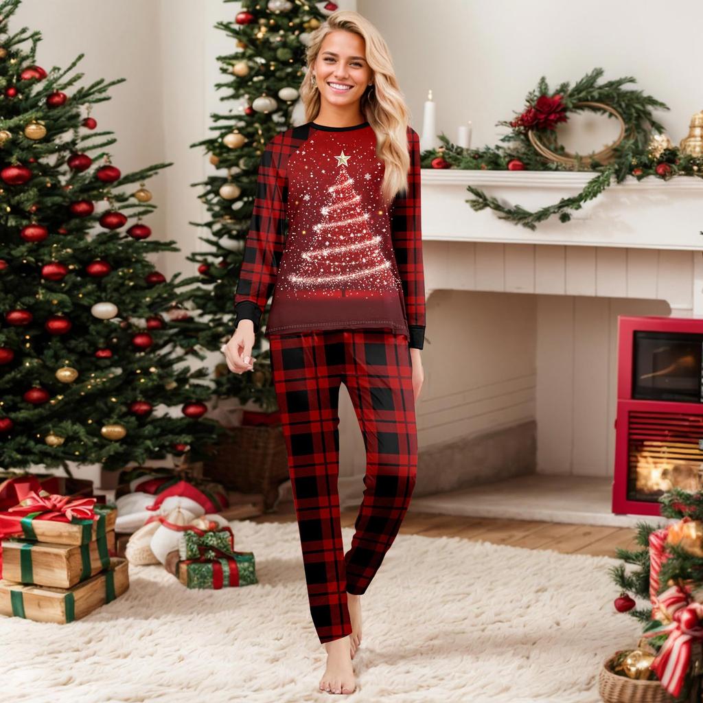 Set de familie drăguț cu imprimeu de Crăciun pijamale, haine de casă, set de familie cu mânecă lungă, pantaloni, top