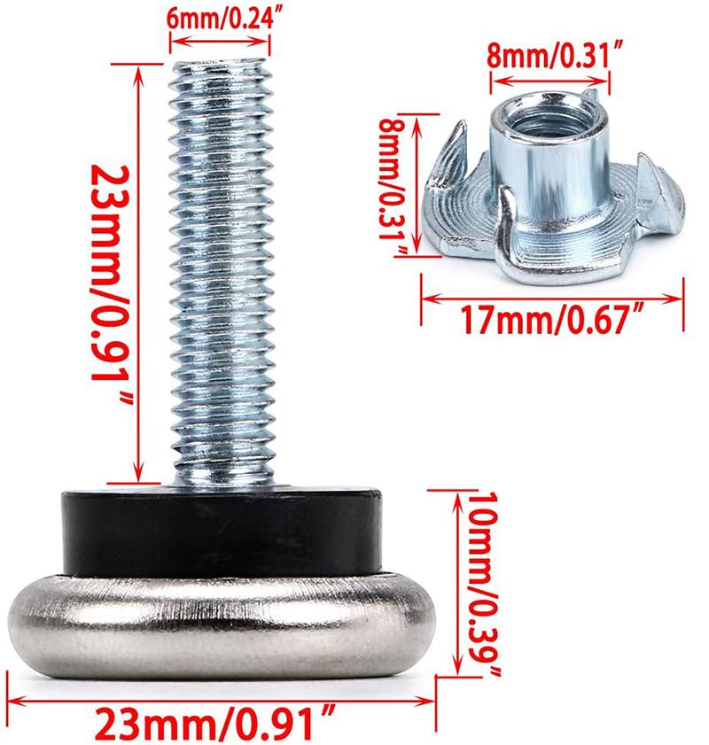 12Pcs M6 Adjustable Leveling Feet with T-Nut Felt Glide Pads for Furniture Table Legs Hardwood Floors Protectors