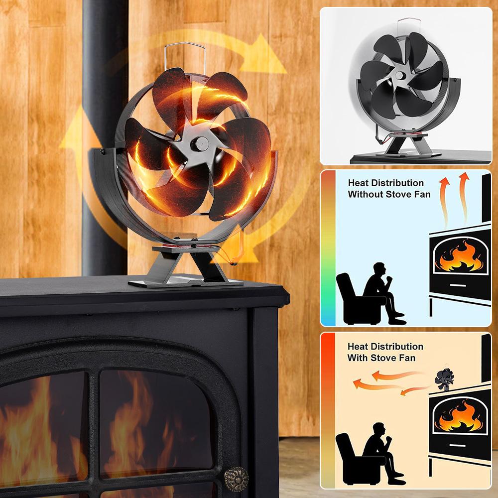 6 Blades Fireplace Fan 360° Rotating Heat Powered Fan Quiet Efficient Heat Distribution for Wood Log Burner Winter Warmer
