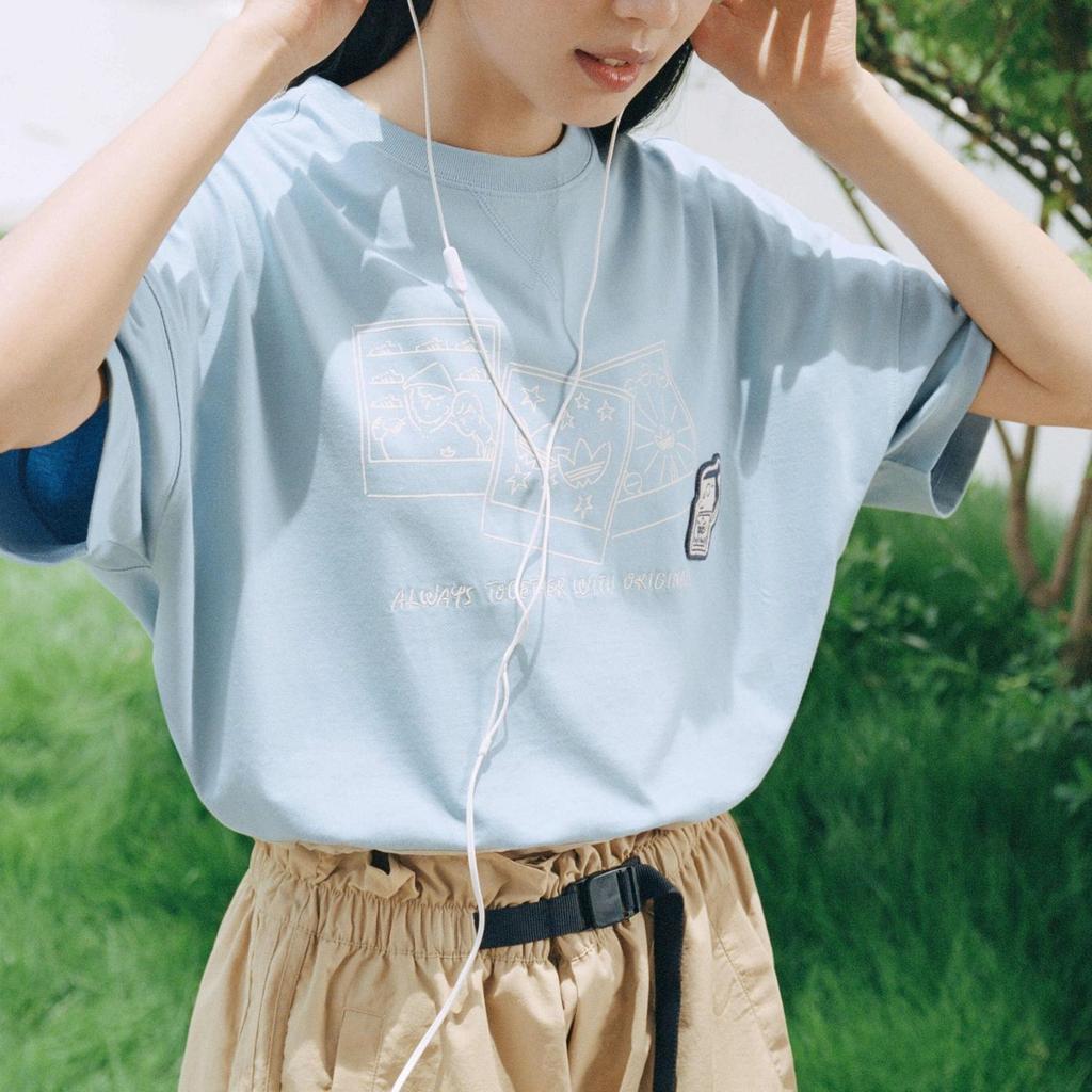 Adidas Originals X Chang Cangxiong Capsule SS23 Collection Hand-Drawn Print Drawstring Cropped Round Neck T-Shirt Women Tops Blue IS0651