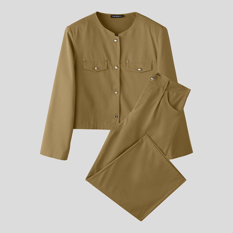 

INCERUN Мужские рубашки оверсайз без воротника с длинным рукавом, длинные брюки, повседневные костюмы-двойки XL хаки