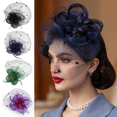 Veil Feather Headpiece Tulle Petal Festival Headpiece Vintage Headband with Hair Clip  Horse Racing