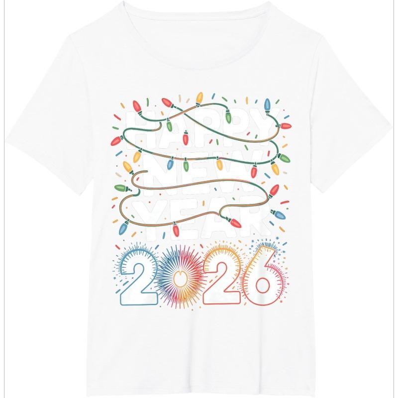 Happy New Year 2026 TShirt Colorful String Light Firework Print Womens ShortSleeved Holiday Essential Versatile Crew Neck Top