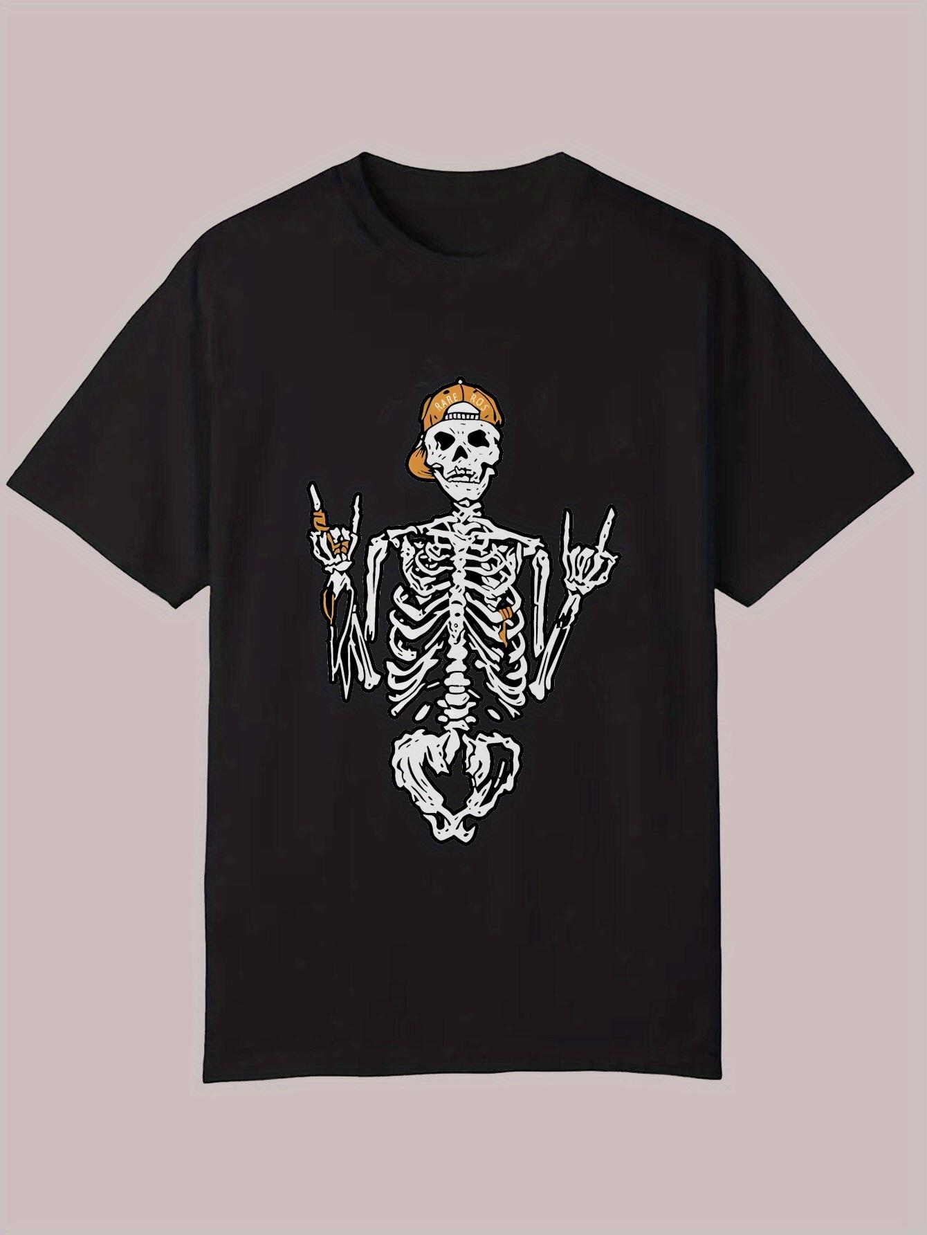 Black Graphic Skeleton Print T-shirt - Edgy Rock n Roll Design with Headphones & Guitars L