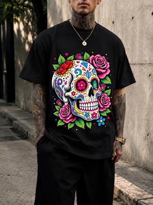 2026 New Pure Cotton Tshirt Day Of The Dead Rose Candy Skull Print Crew Neck Short Sleeve Casual Top