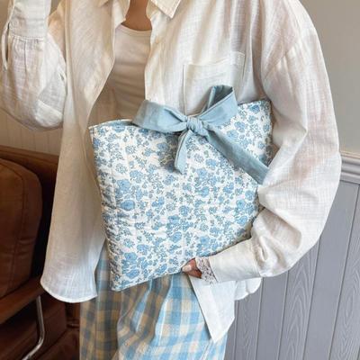 Women'S Floral Book Storage Bag With Bow Tie - Large Capacity Lightweight Cosmetic Organizer Quilted Design