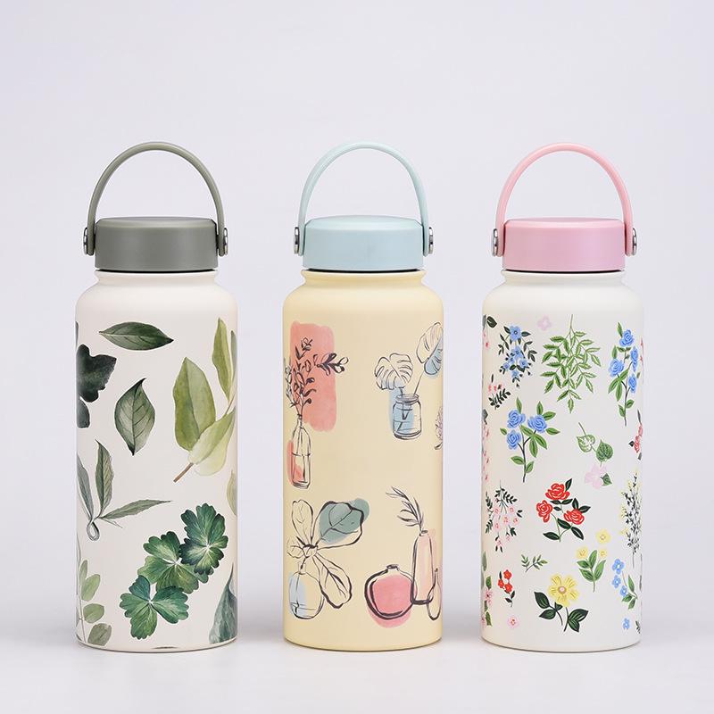 1L Thermos Cup Large Capacity Wide Mouth Portable Vacuum Sports Kettle Outdoor Printing Water Cup Female