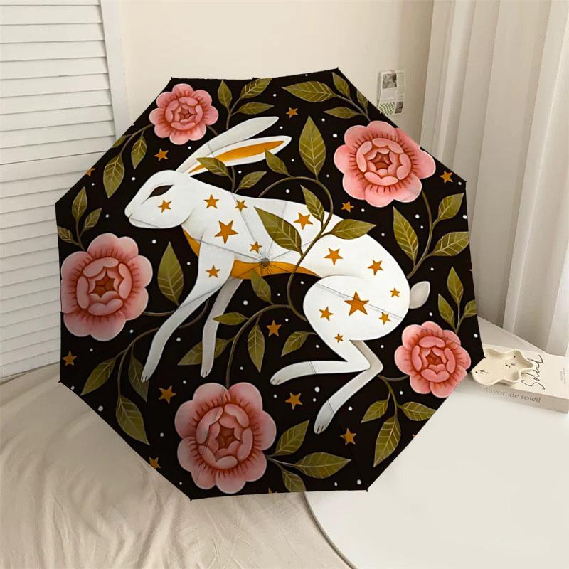 1pc rabbit flowers Automatic Folding Umbrella 8 Rib Iron Frame,  Suitable for Travel, Daily Use, Birthday, Women & Men Gift c1231077